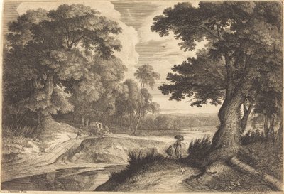 Skraj lasu z chłopami idącymi na targ autorstwa Jean Morin, after Jacques Fouquières