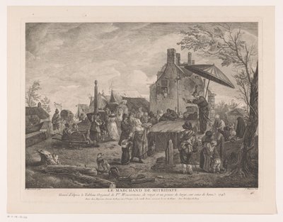 teatr wiejski Le Marchand de Mitridate (tytuł na obiekcie) Odbitki według obrazów Philipsa Wouwermana (tytuł serii) Oeuvres de Ph.pe Wouwermans Hollandois (tytuł serii) autorstwa Jean Moyreau