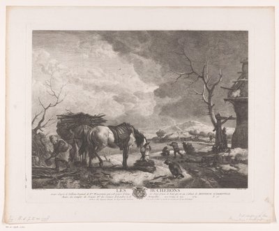 Drwale w zimowym krajobrazie Les Bucherons (tytuł na obiekcie) Odbitki według obrazów Philipsa Wouwermana (tytuł serii) Oeuvres de Ph.pe Wouwermans Hollandois (tytuł serii) autorstwa Jean Moyreau