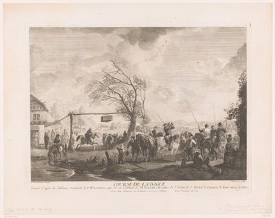 Znak pierścienia w wiejskiej karczmie Cours de la bague (tytuł na przedmiocie) Odbitki według obrazów Philipsa Wouwermana (tytuł serii) Oeuvres de Ph.pe Wouwermans Hollandois (tytuł serii) autorstwa Jean Moyreau