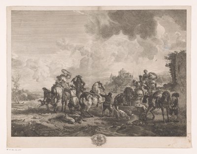 Odpoczynkowe polowanie przy fontannie La Fontaine de Venus Odbitki według obrazów Philipsa Wouwermana (tytuł serii) Oeuvres de Ph.pe Wouwermans Hollandois (tytuł serii) autorstwa Jean Moyreau