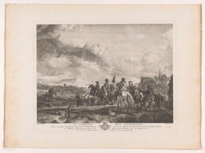 Odpoczynkowe polowanie w krajobrazie Le Conseil des Chasseurs (tytuł na obiekcie) Odbitki według obrazów Philipsa Wouwermana (tytuł serii) Oeuvres de Ph.pe Wouwermans Hollandois (tytuł serii) autorstwa Jean Moyreau