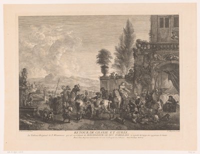 Powracające polowanie Zwróć chasse et curée (tytuł na obiekcie) Odbitki według obrazów Philipsa Wouwermana (tytuł serii) Oeuvres de Ph.pe Wouwermans Hollandois (tytuł serii) autorstwa Jean Moyreau