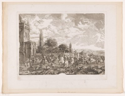 Polowanie na wyjazd do domu Partie de Chasse pour le Vol Odbitki według obrazów Philipsa Wouwermana (tytuł serii) Oeuvres de Ph.pe Wouwermans Hollandois (tytuł serii) autorstwa Jean Moyreau