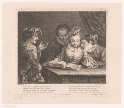 Śpiewająca młoda kobieta i trzech młodych mężczyzn przy stole Twórczość Antoine Watteau (tytuł serii) L