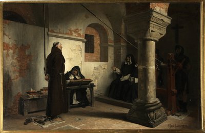 Bernard Delicieux (1260-1319) przed trybunałem Inkwizycji - Obraz Jean Paul (Jean-Paul) Laurens (1838-1921), olej na płótnie, ok. 1881, 79x121 cm - (Bernard Delicieux przed Trybunałem Inkwizycji, Olej na płótno Jean Paul Laurens) - Sta autorstwa Jean Paul Laurens