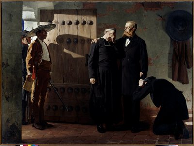 Cesarz Meksyku Maksymilian I (1832-1867) przed egzekucją 19 czerwca 1867 r. Król pocieszył księdza przed opuszczeniem więzienia. Obraz Jean Paul Laurens (1838-1921) 1882 Sankt Petersburg. Muzeum Ermitażu. autorstwa Jean Paul Laurens
