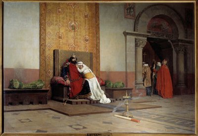 Ekskomunika Roberta II Pobożnego w 998 roku. Król Francji, syn Hugues Capeta, zakochuje się i poślubia swoją kuzynkę Berthe z Burgundii, mimo desaprobacji papieża Grzegorza V, który również go ekskomuniści. Obraz Jeana Paula Laurensa (1838 - 19 .) autorstwa Jean Paul Laurens