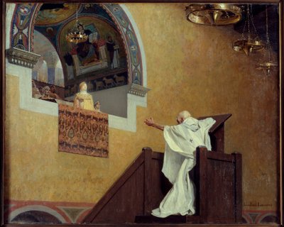 Św. Jan Chryzostom (349-407) i Eudoksja Imperatrix (? 404). Patriarcha obwinia zachodnią Imperatorkę Eudoksję (Eudoxia Aelia) za jej luksus i miłość do splendoru. Obraz Jeana Paula Laurensa (1838-1921) autorstwa Jean Paul Laurens