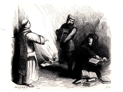 Auto da Fe książek w Rzymie zamówionych przez Komisję Indeksową, z "Le Secret de Rome au XIXe siecle" Eugene Briffault, Paryż, 1874 autorstwa Jean Pierre Moynet