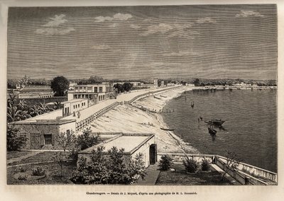 Chandernagor (dzisiejszy Chandannagar, w Zachodnim Bengalu), nad brzegiem Gangesu, rycina wg rysunku J.Moyneta, ilustrująca podróż radżów po Indiach, w latach 1864-1868, autorstwa Louisa Rousseleta, opublikowana w „” Le tour du monde”” 1874, pod red. autorstwa Jean Pierre Moynet