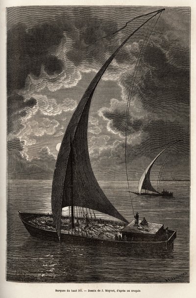 Les barques du haut Nile, zredukowana załoga i pasażerowie śpiący na pokładzie, w świetle księżyca, rycina wg rysunku J.Moyneta, ilustrująca podróż do serca Afryki w latach 1868-1871, autorstwa dr. Georgesa Schweinfurtha, opublikowana w „” Le tour du monde autorstwa Jean Pierre Moynet