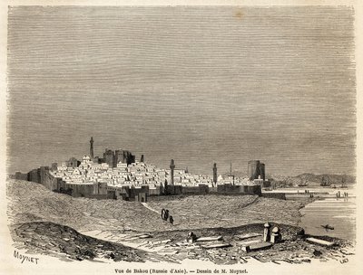 Widok Baku (Rosja, Azerbejdżan), rysunek Mr.Moyneta, ilustrujący podróż do wybrzeża Morza Kaspijskiego, w październiku 1858, Mr.Moynet. Grawerowanie w „”Le tour du monde, nouveau journal des voyages””Paryż autorstwa Jean Pierre Moynet