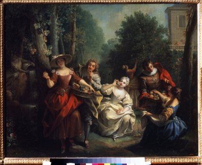 Pięć zmysłów: ""Le dna"" (Smak) młodzi ludzie arystokracji degustacji owoców. Obraz Jeana Raoux (1677-1734) 1725-1735 Muzeum Puszkina, Moskwa autorstwa Jean Raoux
