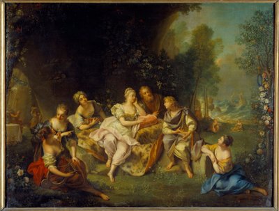 Telemaque opowiada o swoich przygodach w Calypso Illustration do „The Adventures of Telemaque” Francois de Pons de Salignac de La Mothe-Fenelon (Mothe Fenelon autorstwa Jean Raoux