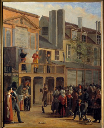 Teatr uliczny: „” Parada Bobeche i Galimafre na Boulevard du Temple przed Theatre des delassements comiques”” Obraz Jeana Rollera (1798-1866) 1820 nd. 1,01x0,83 m Paryż, Muzeum Carnavalet autorstwa Jean Roller