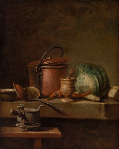 Martwa natura z miedzianym garnkiem, kapustą, tłuczkiem i piecem autorstwa Jean Baptiste Simeon Chardin