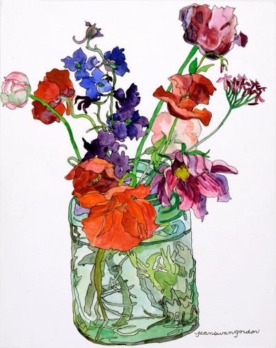 Delphiniums, Poppies  Others in Jar, 2011 (akwarela i tusz na papierze) autorstwa Jean Swan Gordon