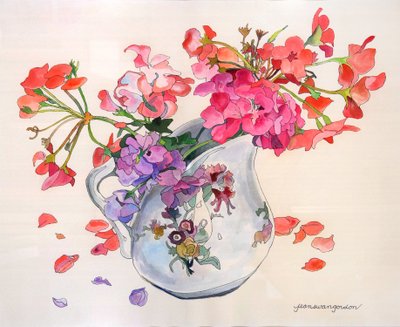 Wiosenne kwiaty w Limoges Du Barry Creamer (akwarela i tusz na papierze) autorstwa Jean Swan Gordon