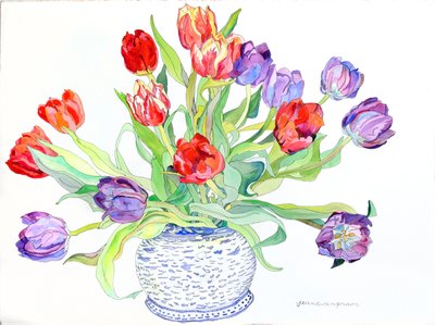 Tulipany w misce z malowanymi rybami i ptakami, 2006 (akwarela i tusz na papierze) autorstwa Jean Swan Gordon