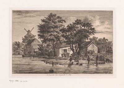 Widok angielskiej kamizelki w Antwerpii, na której zbierane są pnie drzew, w tle budynki i młyn Kamizelka angielska ukończona w 1867 r. (tytuł na obiekcie) autorstwa Jean Théodore Joseph Linnig
