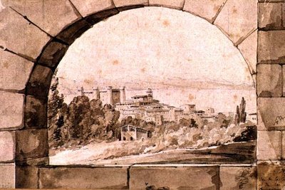Widok na miasto i jezioro Bracciano, ok. 1810 r. (pióro i atrament sepia z myciem sepii na papierze) autorstwa Jean Thomas Thibault