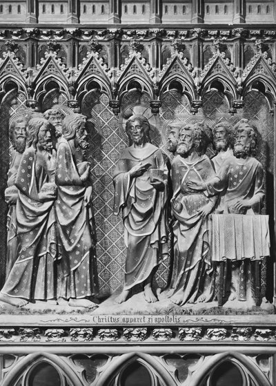 Katedra, wnętrze, parawan chórowy, Jezus Chrystus ukazujący się apostołom, ok. 1340-51 (kamień polichromowany) autorstwa Jean and Jean Le Boutellier Ravy