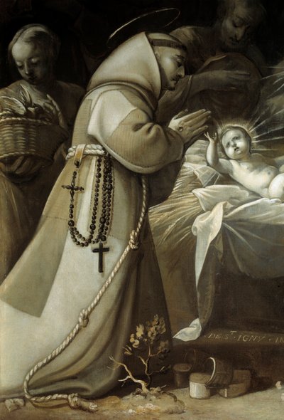 Adoracja pasterzy Mnich modlący się przed Dzieciątkiem Jezus. Obraz Jeana de Saint Igny autorstwa Jean de Saint Igny