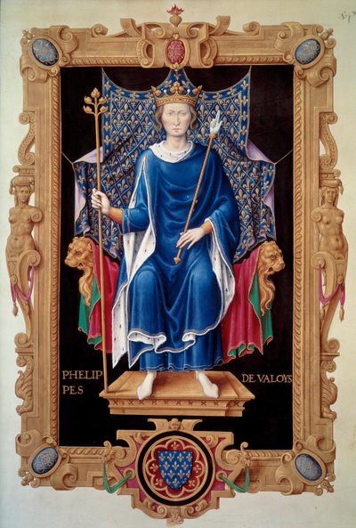 Portret u stóp króla Filipa VI Walezego (1293-1350) Miniatura Jean du Tillet (1484-1520) z „”Recueil des kings de France”” XVI-wieczny Paryż, B.N. autorstwa Jean du Tillet