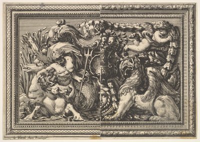 Projekt panelu z dwoma wariantami zawierającymi hipokamp i gryf, z: Ornements..., 1651. autorstwa Jean le Pautre