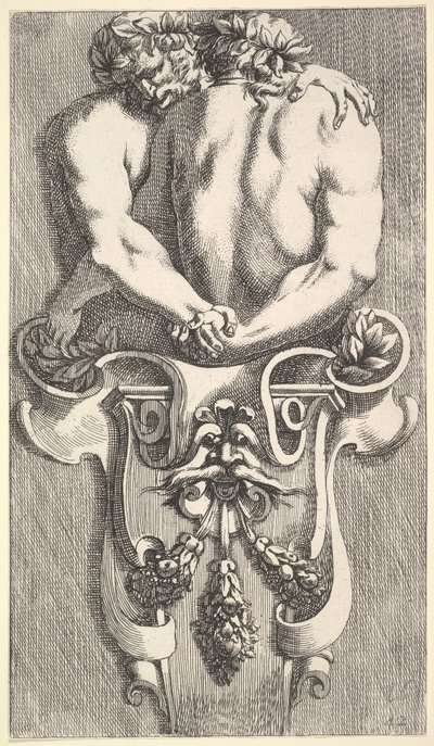 Projekt na semestr z dwoma ogarniającymi satyrami, z: Curieuses Recherches de Several Beaus..., 1645. autorstwa Jean le Pautre