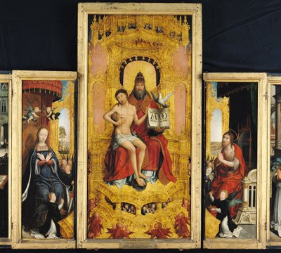Poliptyk Gloryfikacja Trójcy Świętej, płycina środkowa przedstawiająca Trójcę, Marię i św. Jana Chrzciciela, ok. 1509-16 autorstwa Jean the Elder Bellegambe