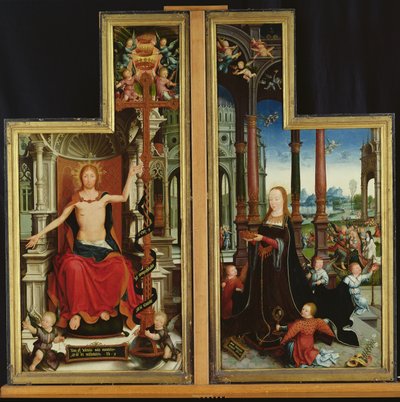 Poliptyk Gloryfikacja Trójcy Świętej, panele przedstawiające Chrystusa na tronie i Matkę Boską, 1509-15 autorstwa Jean the Elder Bellegambe