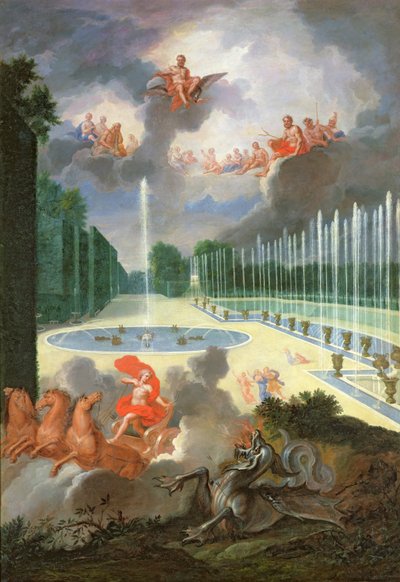 Gaje Wersalu. Widok na sadzawkę smoków i sadzawkę Neptuna, gdzie Apollo zabija Pythona autorstwa Jean the Younger Cotelle