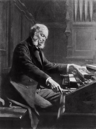 Cesar Franck przy konsoli organów w Bazylice św. Klotyldy, Paryż, 1885 r. autorstwa Jeanne Rongier