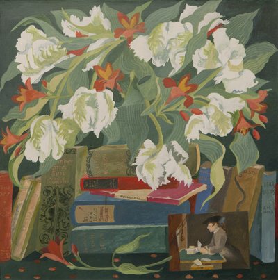 Tulipany, książki i pocztówki (akryl) autorstwa Jennifer Abbott