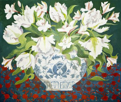 Białe podwójne tulipany i alstremerie, 2013 (akryl na płótnie) autorstwa Jennifer Abbott