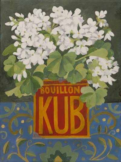 Białe pelargonie w starej puszce (akryl) autorstwa Jennifer Abbott