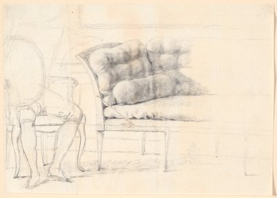 Studium do portretu rodziny Holmskioldów z 1787 r.: tapicerowana sofa, a po lewej krzesło z nakreśloną postacią Holmskiolda autorstwa Jens Juel
