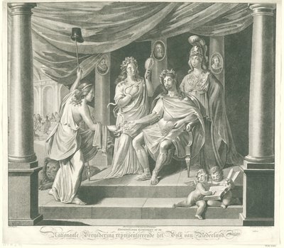 Alegoria na Zgromadzeniu Narodowym, 1796 Symboliczny druk artystyczny w Zgromadzeniu Narodowym reprezentujący naród holenderski (tytuł na obiekcie) autorstwa Jeremias Snoek