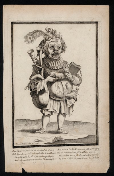 Mężczyzna niosący zestaw dud i ubrany w nakrycie głowy z pawich piór, surrealistyczny nadruk kostiumu, c1700 (grawerunek) autorstwa Jeremias Wolff