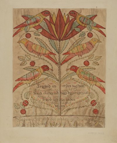 Świadectwo urodzenia rysunku Fractur, ok. 1930 r. 1936. autorstwa Jessica Price