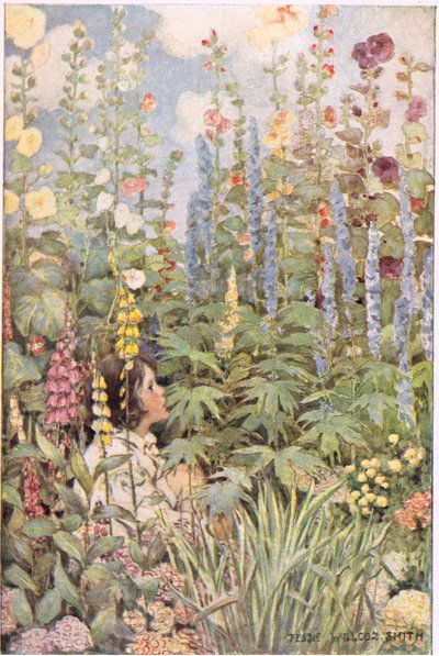 Dziecko w dzikich kwiatach, z „Ogrodu Dziecka wersetów” Roberta Louisa Stevensona, opublikowane 1885 (kolor lito) autorstwa Jessie Willcox Smith