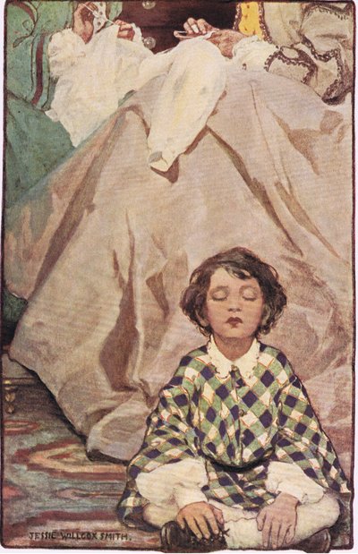 Dziecko siedzące z szyjącymi kobietami, z „Ogrodu Dziecka wersetów” Roberta Louisa Stevensona, opublikowane w 1885 r. (kolor lito) autorstwa Jessie Willcox Smith