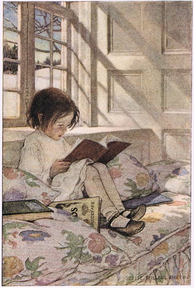Dziewczyna czytająca z „Ogrodu Dziecka wersetów” Roberta Louisa Stevensona, opublikowana w 1885 r. (kolor lito) autorstwa Jessie Willcox Smith