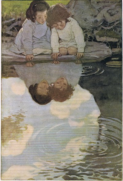 Dzieci patrzące na swoje odbicia, z „Ogrodu Dziecka wierszy” Roberta Louisa Stevensona, opublikowanej 1885 (kolor lito) autorstwa Jessie Willcox Smith