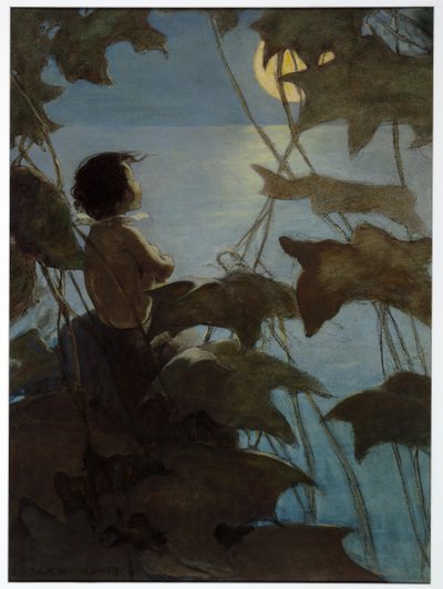 Spojrzał na szeroki żółty księżyc i pomyślał, że ona patrzy na niego, z pubu The Water Babies Charlesa Kingsleya. 1916 (kolor lito) autorstwa Jessie Willcox Smith