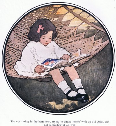 Siedziała w hamaku, próbując bawić się starym atlasem i nie udało jej się to dobrze (kolor lito) autorstwa Jessie Willcox Smith