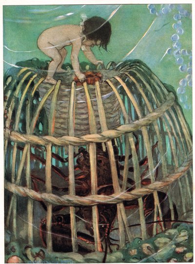 Tom i garnek na homary, ilustracja z „Wodnych dzieci” wielebnego Charlesa Kingsleya (kolor litho) autorstwa Jessie Willcox Smith