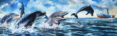 Chłopiec pływający z delfinami (gwasz na papierze) autorstwa Jesus Blasco